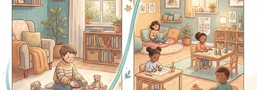 Two side-by-side panels of a cozy home and a calm classroom — home and school experience comparison