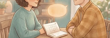A notebook with a calendar and speech bubble, two adults preparing to talk — school conversation planner