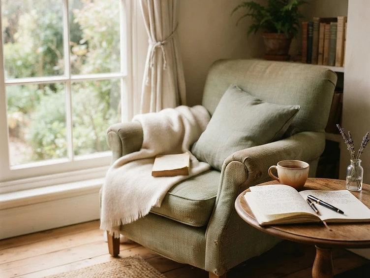 A calm, restful personal corner with soft daylight and a journal
