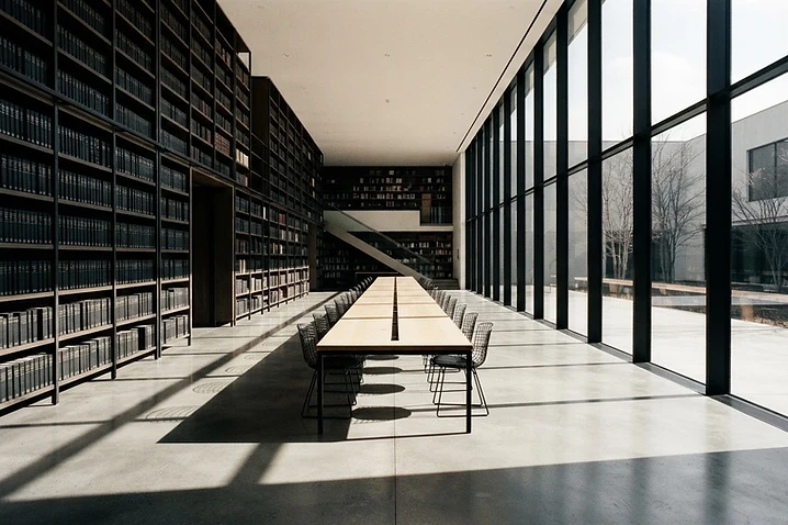 Minimalist library reading room with directional light