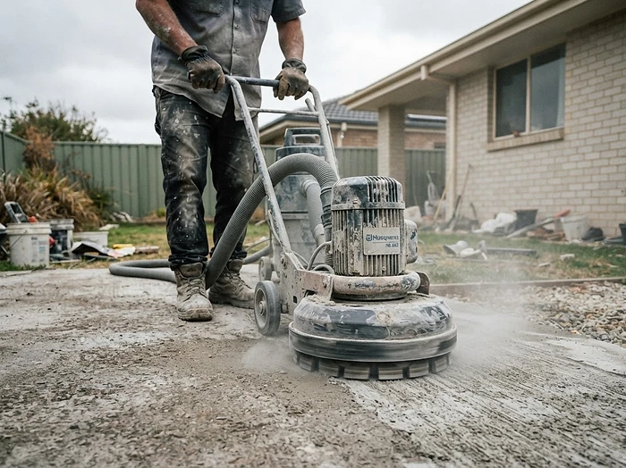 Concrete grinder mechanically preparing an outdoor residential slab before resurfacing