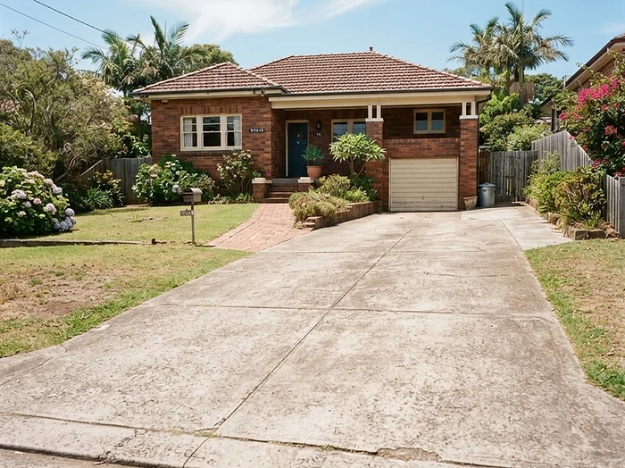 Worn, sun-faded Newcastle driveway outside an older brick home — a strong resurfacing candidate