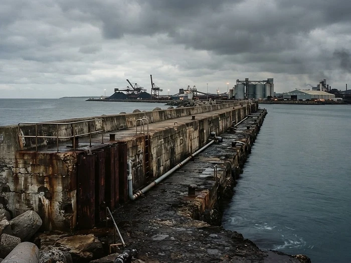 Concrete harbour breakwater meeting calm grey-blue water under an overcast sky