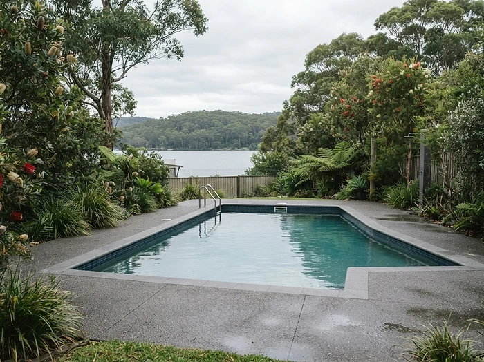 Resurfaced pool surround in a muted basalt grey texture in an established backyard