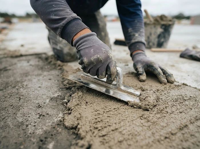 Gloved hands trowelling a textured resurfacing coating over prepared concrete