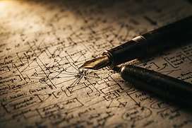 Fountain pen resting on a hand-drawn research framework diagram