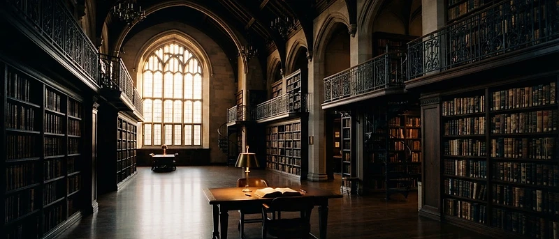 University library at dusk with warm directional light