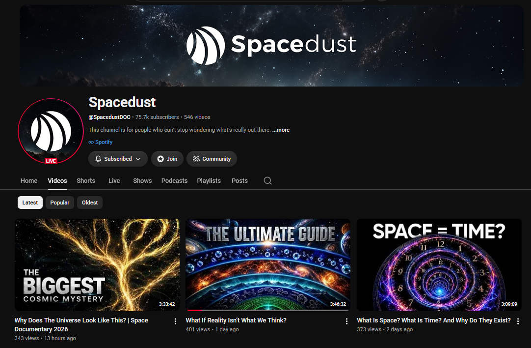 Spacedust YouTube channel — 75.7K subscribers, 546 videos, 3+ hour uploads