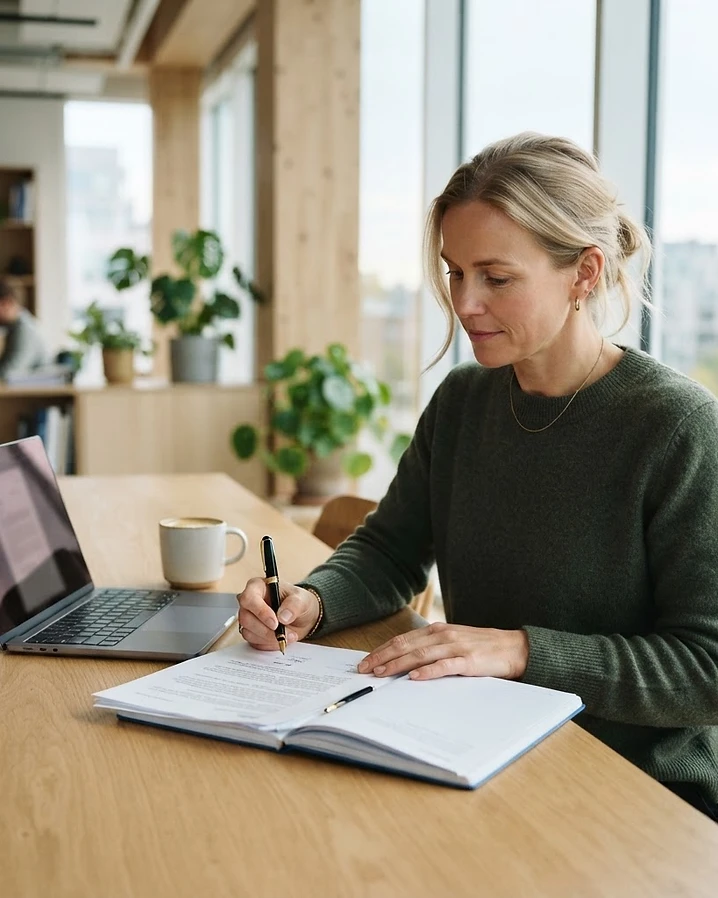 Nordisk profesjonell som går gjennom og signerer kontraktsdokumenter ved et lyst bord