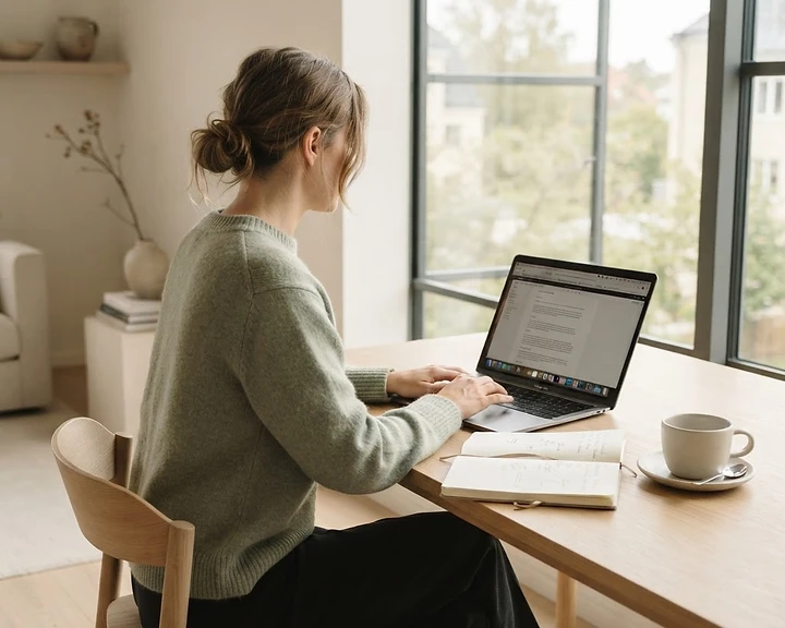 En person som jobber rolig med laptop i et solfylt, minimalistisk rom