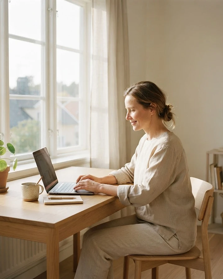 En person som jobber rolig med laptop i et solfylt, minimalistisk rom