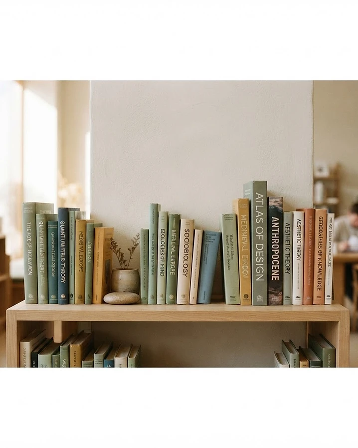 Bøker fra ulike fagfelt på en lys trehylle i et nordisk bibliotek