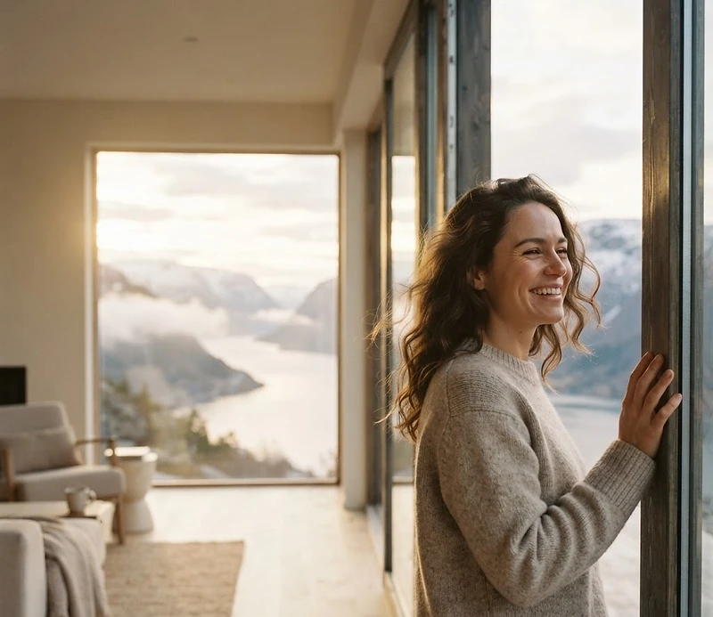 Glad person som ser ut mot en lys nordisk horisont i morgensol — inspirasjon til å ta neste steg
