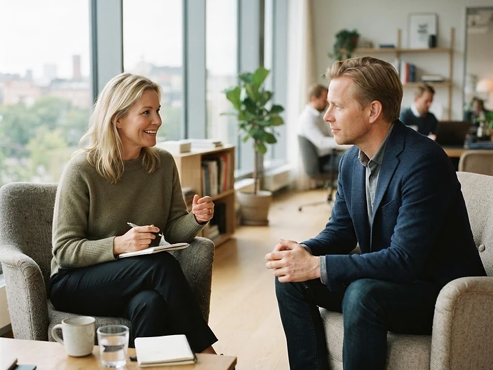 Coachsamtale mellom to personer i et lyst, moderne møterom