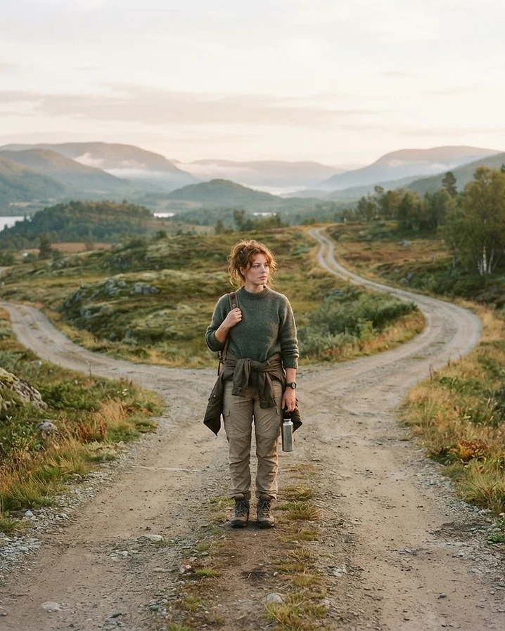 En person ved et veiskille i et stille nordisk landskap