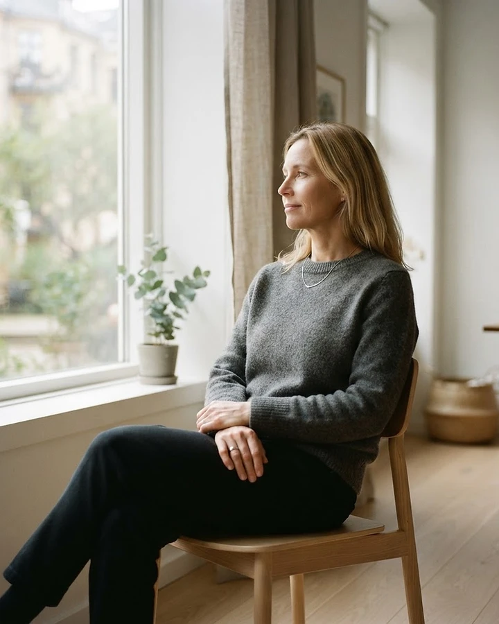 Nordisk kvinne med rolig selvtillit i et minimalistisk lyst rom