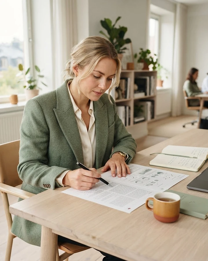 En profesjonell som analyserer et strukturert dokument ved et lyst skrivebord