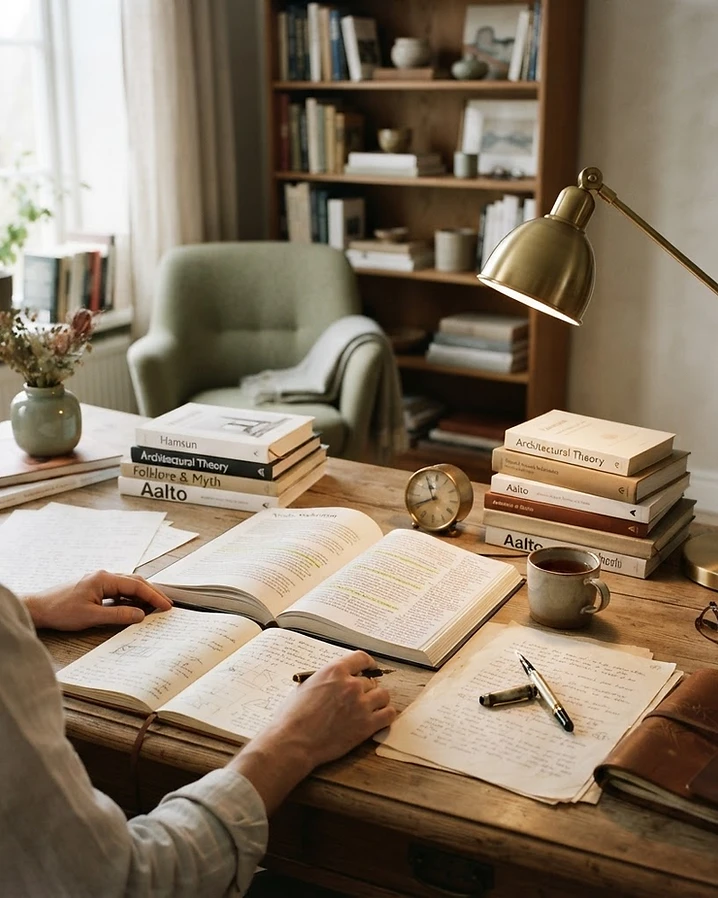 En forskers skrivebord med åpne bøker og en varmlampe i et rolig nordisk studie