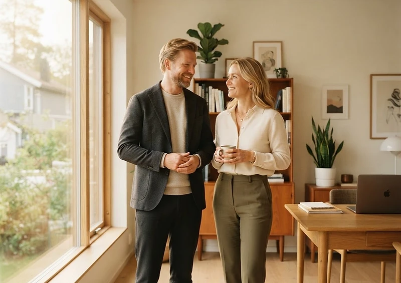 To selvsikre, varme personer i et lyst nordisk interiør med mykt morgentlys
