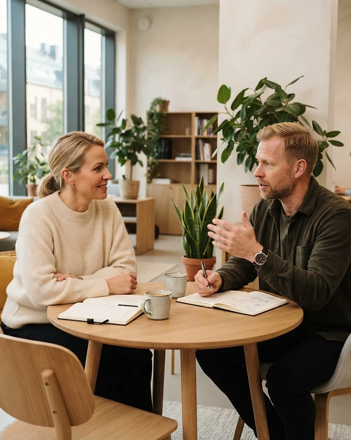 To nordiske personer i en coacingsamtale over et bord i et lyst lokale