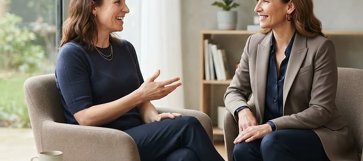 En profesjonell coaching-samtale mellom to voksne i et lyst, minimalistisk interiør