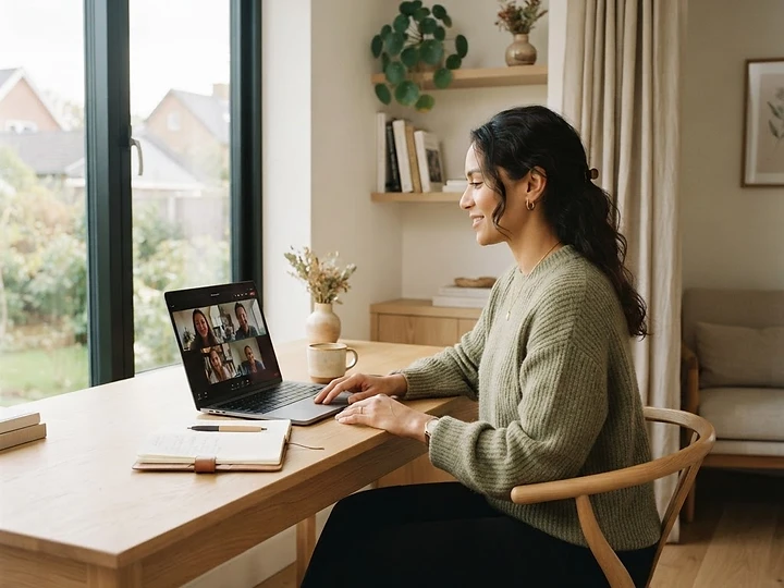 En coach som jobber remote fra en lys, minimalistisk hjemmekontor — skapt sin egen digitale virksomhet