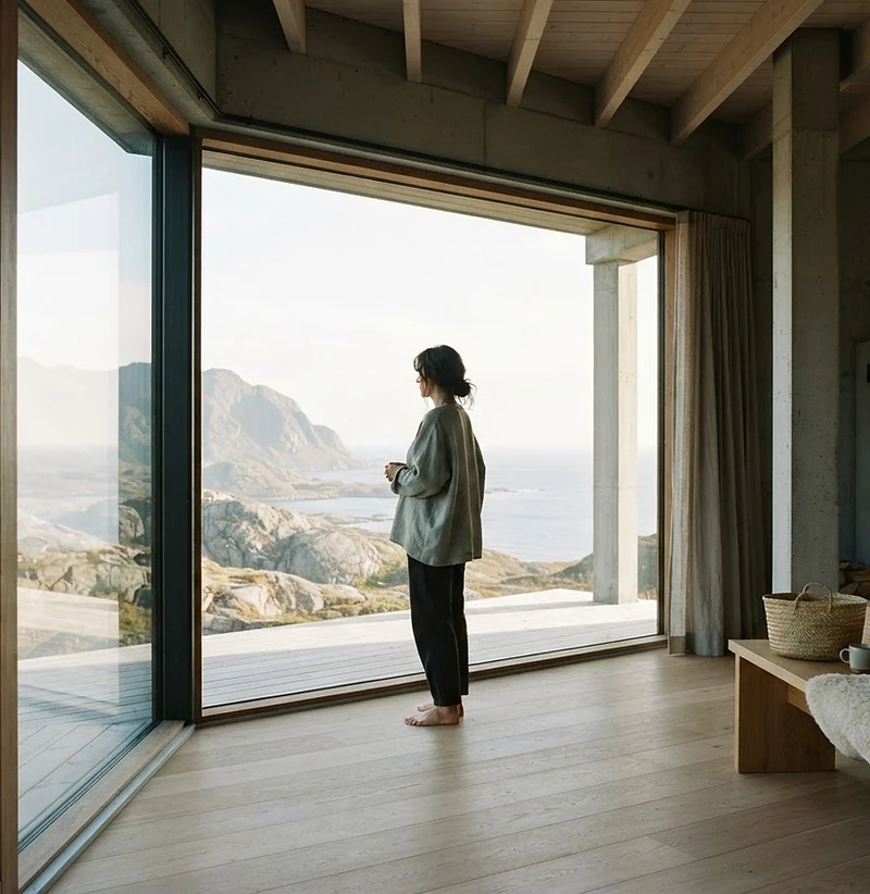 Person i et solfylt, minimalistisk arkitektonisk rom som ser ut gjennom et stort vindu