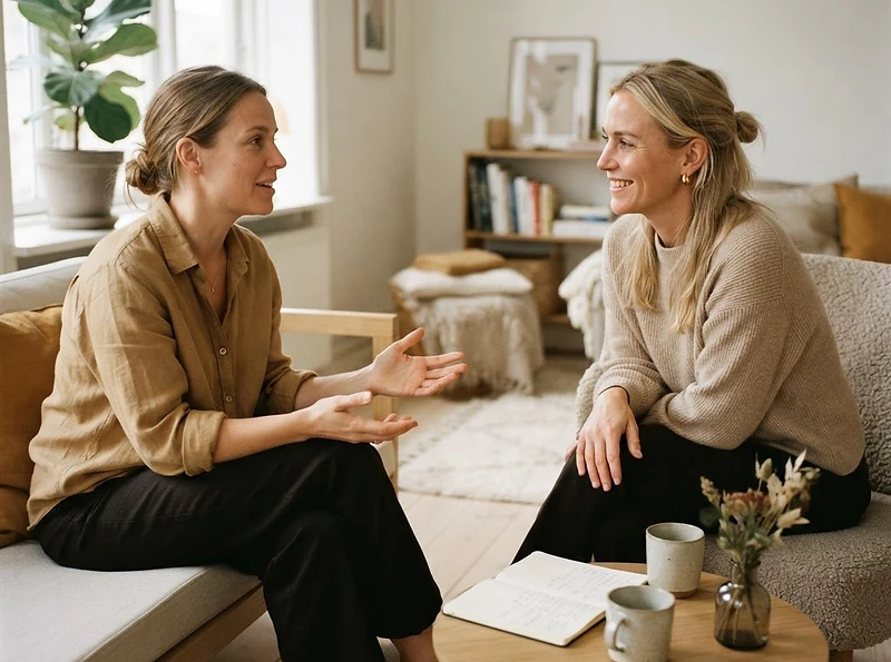 Coaching-samtale mellom to kvinner i et lyst skandinavisk hjem