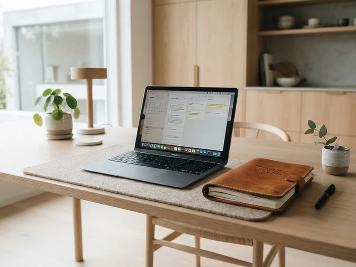 Rent, minimalistisk skrivebord med bærbar PC og lærebok i skinninnbinding