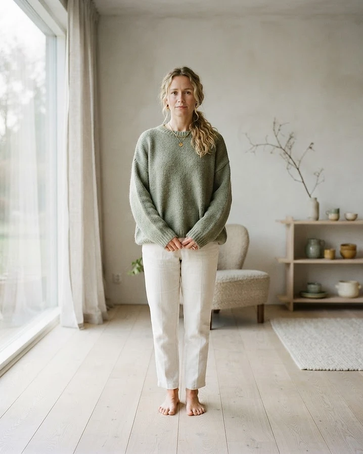 En person som står rolig og sentrert i et minimalistisk nordisk rom