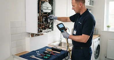 Apex gas engineer servicing a modern wall-mounted boiler