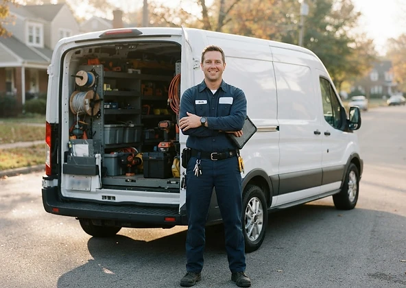 Apex technician standing in front of a work van, ready 24/7