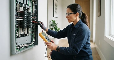 Apex electrician testing a residential fuse box with a multimeter