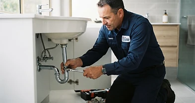 Apex plumber repairing a chrome pipe under a bathroom sink