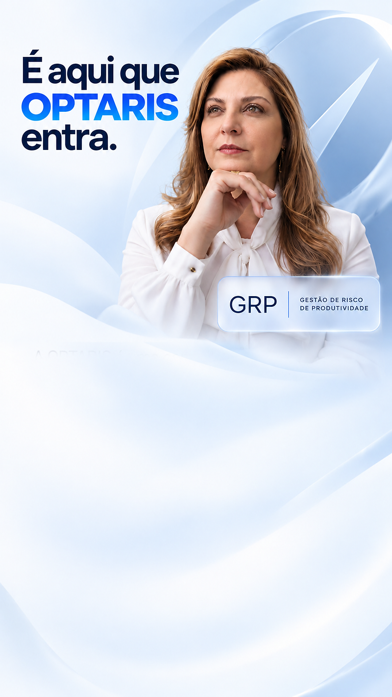 Retrato da fundadora Flávia Libânio integrado a ondas abstratas azul-claro com a cápsula GRP em vidro