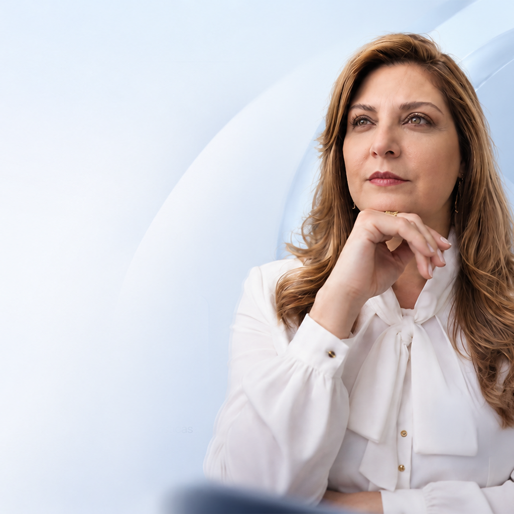Composição editorial com retrato da fundadora, marca d'água circular translúcida e cápsula GRP sobre degradê azul