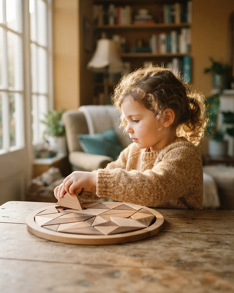 A child in deep focus with a wooden geometric puzzle