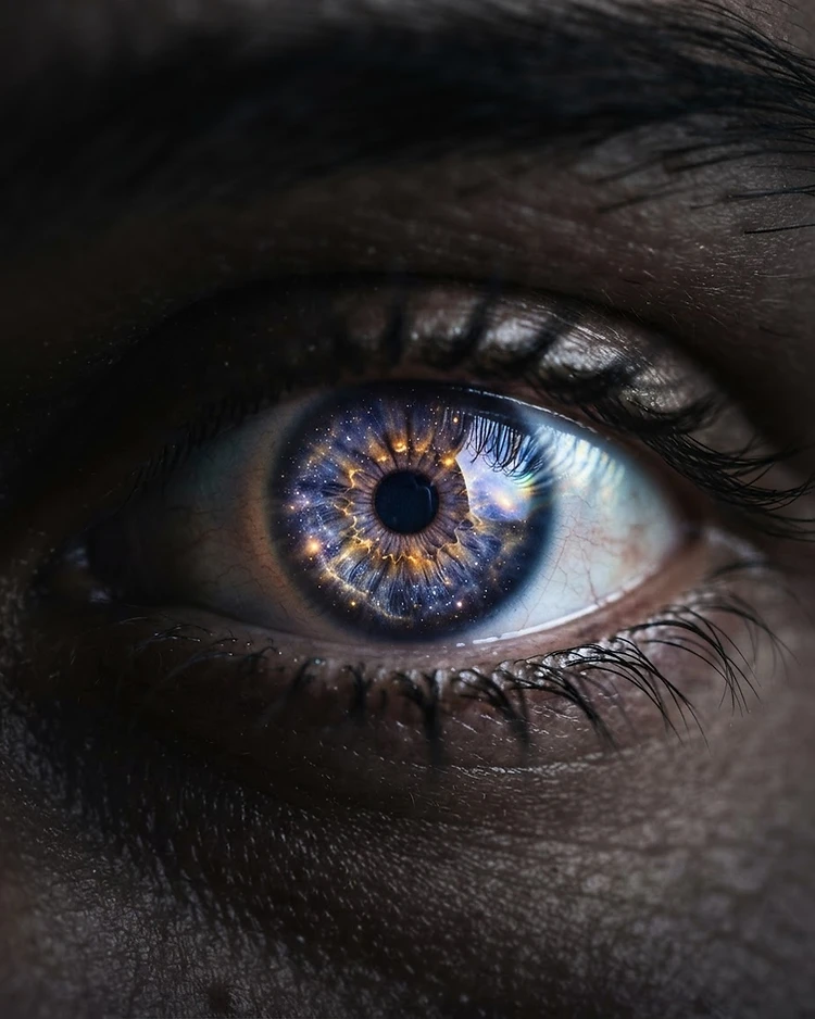 Macro of a human eye reflecting a starry cosmos