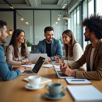 Remote team collaborating in a modern office