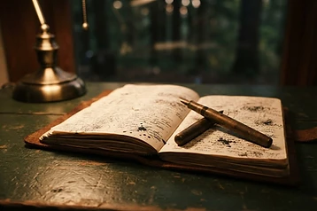 Open journal with a bronze pen on a dark desk