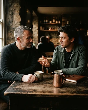 Two men talking across a table in low light