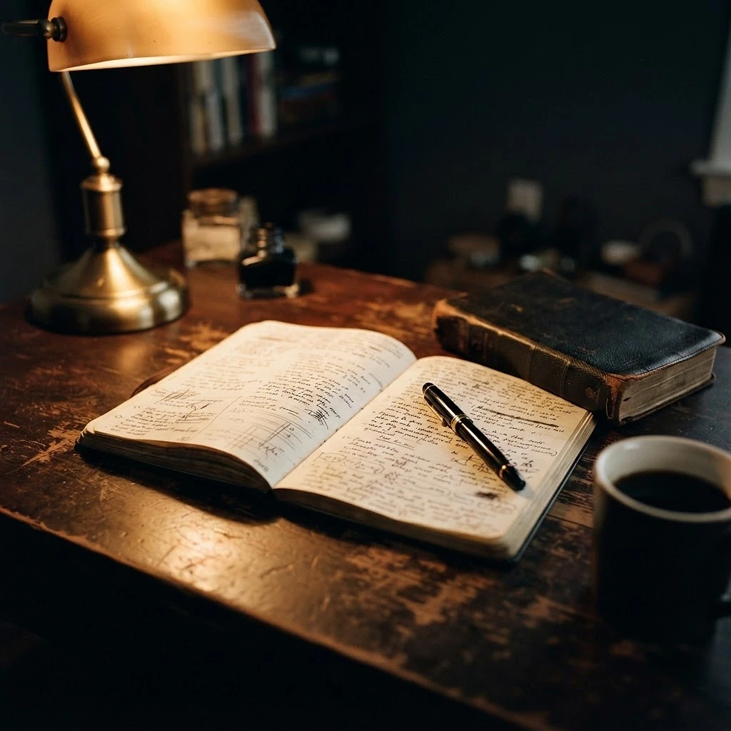 An open handwritten journal beside a leather Bible and a pen on a dark wooden desk