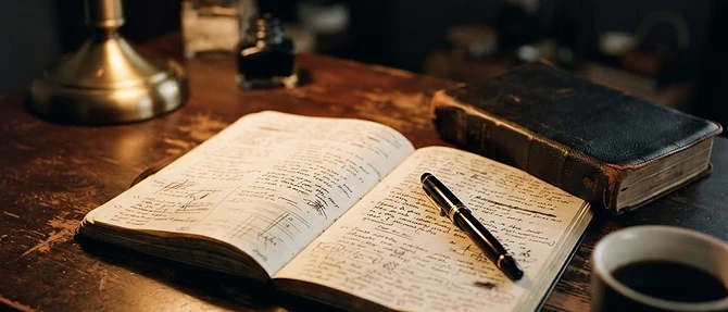 An open handwritten journal beside a leather Bible and a pen on a dark wooden desk