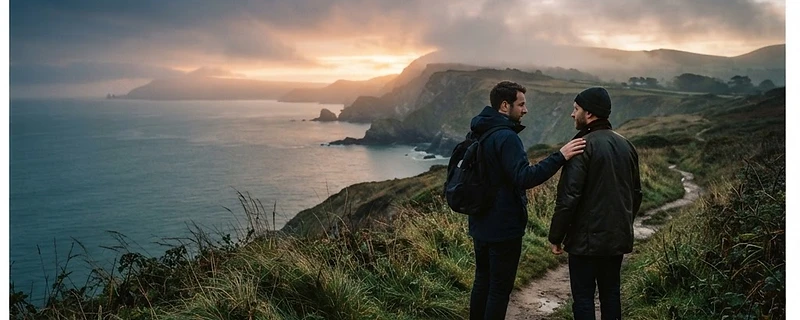 Two men talking together on a coastal trail at dawn