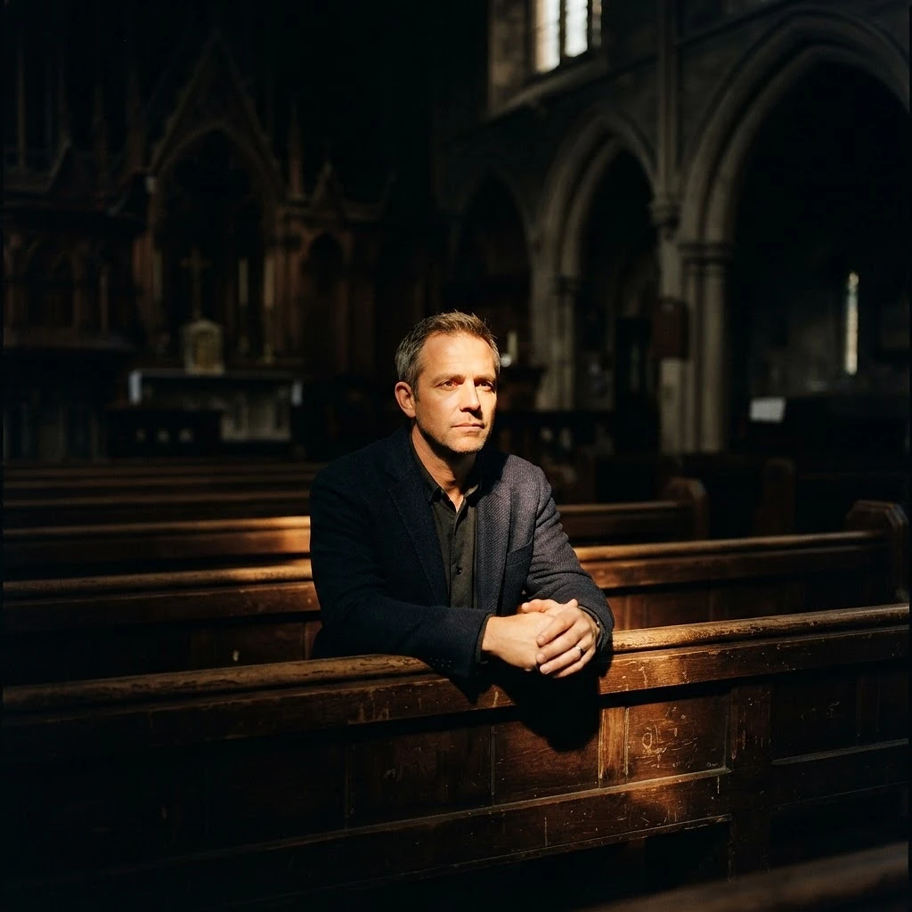 A man sitting alone in a dark church pew with one shaft of warm light falling across him