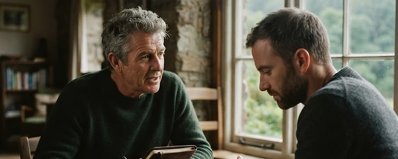 Two men seated across from one another in honest conversation at a wooden table