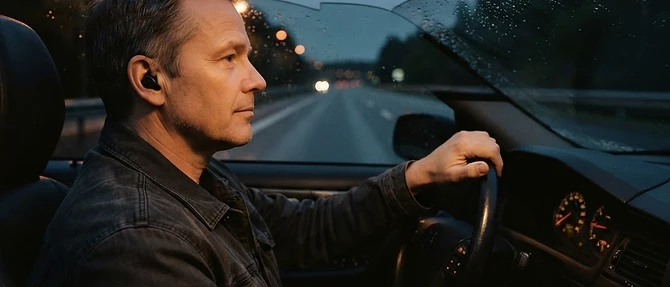 A man driving alone at dusk with an earbud in, warm streetlight across the windscreen