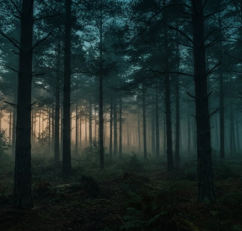 Misty pine forest at dusk with a faint bronze glow
