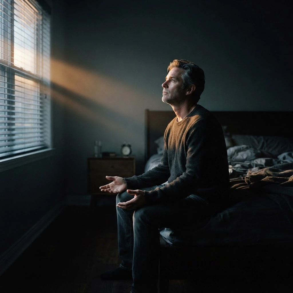 A man sitting alone on the edge of a bed at first light, lifting his head toward the window