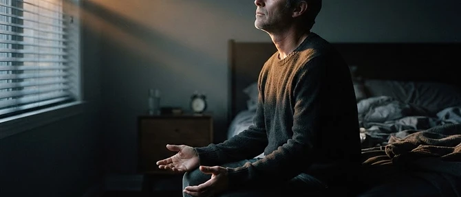 A man sitting alone on the edge of a bed at first light, lifting his head toward the window